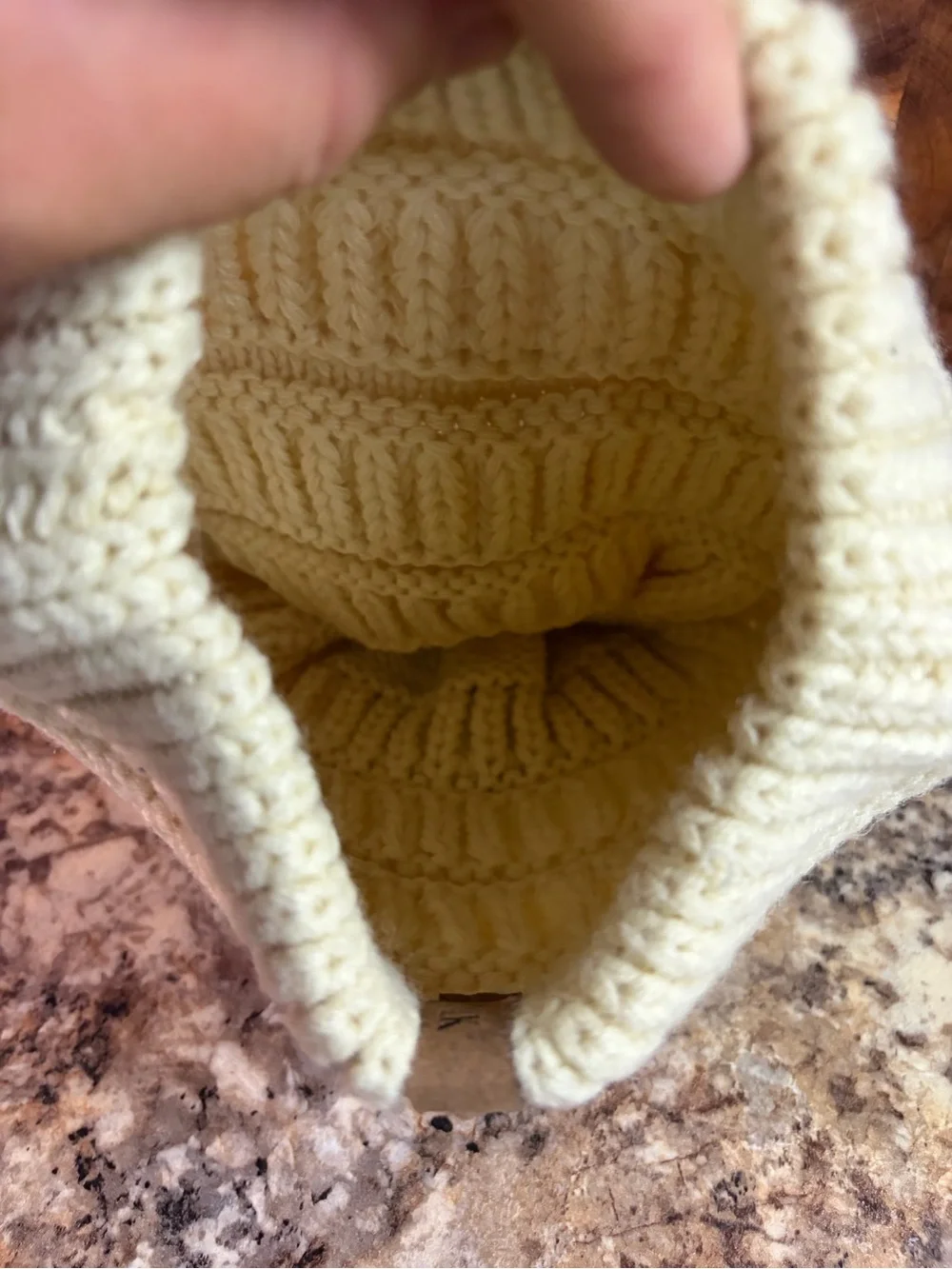Cream Knit Pom Beanie with Faux Fur Top
